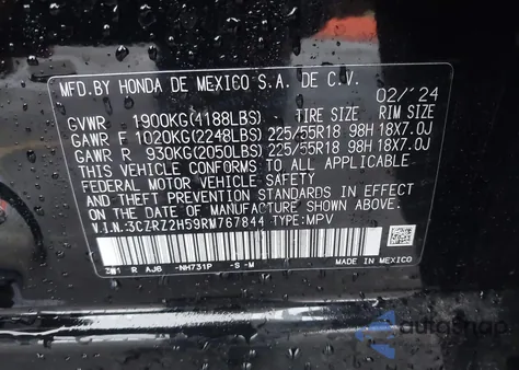 2024 Honda Hr-V Awd Sport/Awd Sport W/O Bsi из США, поврежденный, VIN 3CZRZ2H59RM767844